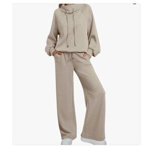 Lounge Matching Set Wide Leg Sweatpants Mock Neck Pullover Beige Size XS Travel